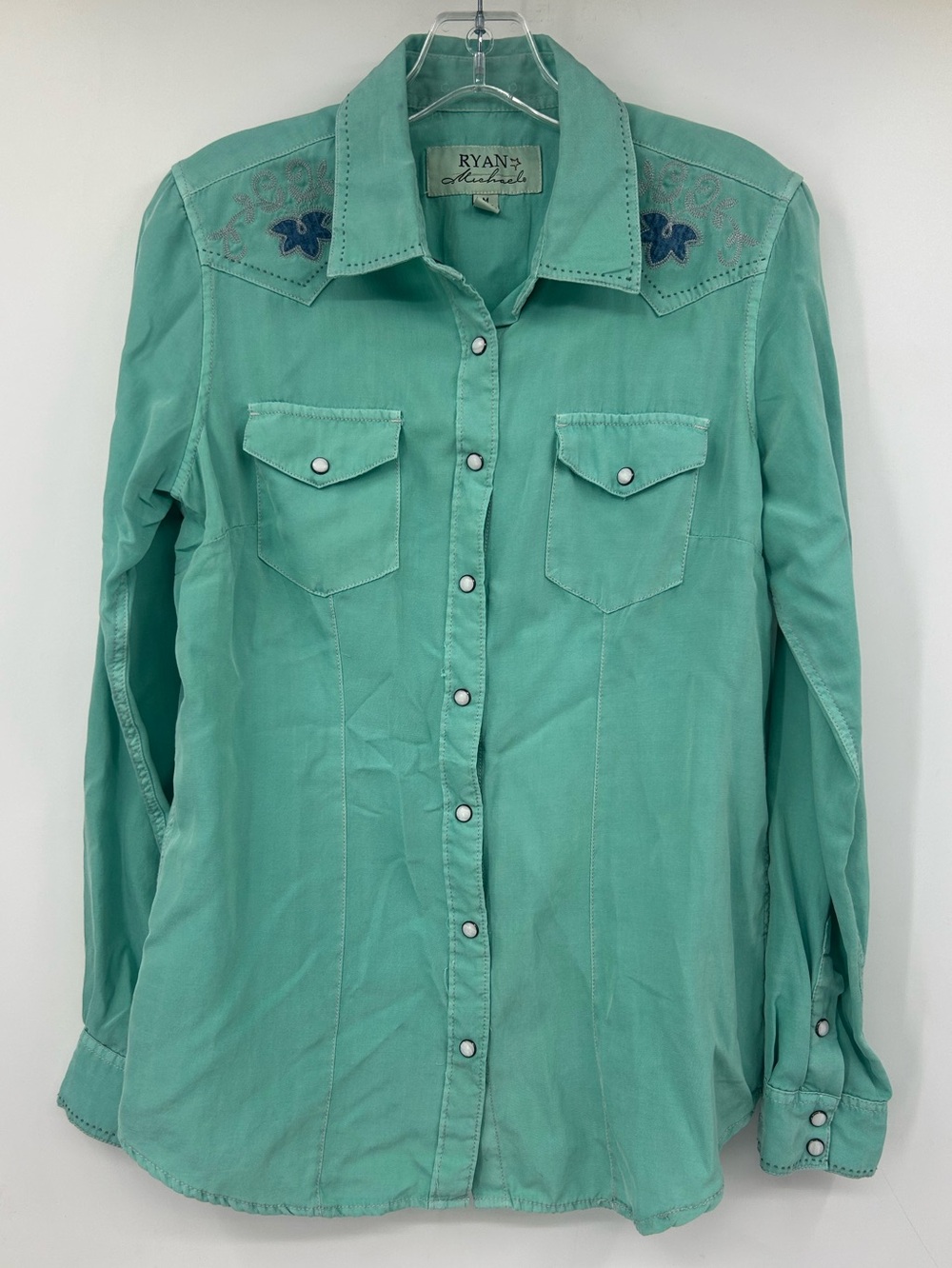 Ryan Michael Embroidered Women’s Top Sea Green Silk Cotton Snap Up Size M